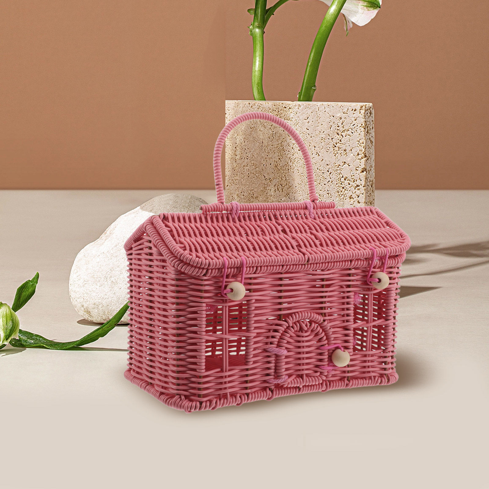 Flower Girl Basket - Imitation Rattan Picnic Basket Vintage House-Shaped